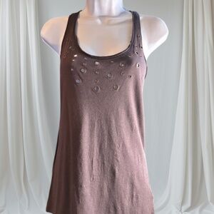 Vintage Y2K  Taupe Brown Eyelet Front Raw Edge Racerback Tank Top size medium